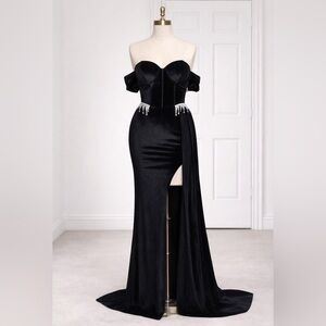 Black Velvet Evening Gown | Crystal Waist Detail | Off-Shoulder | Size L | New